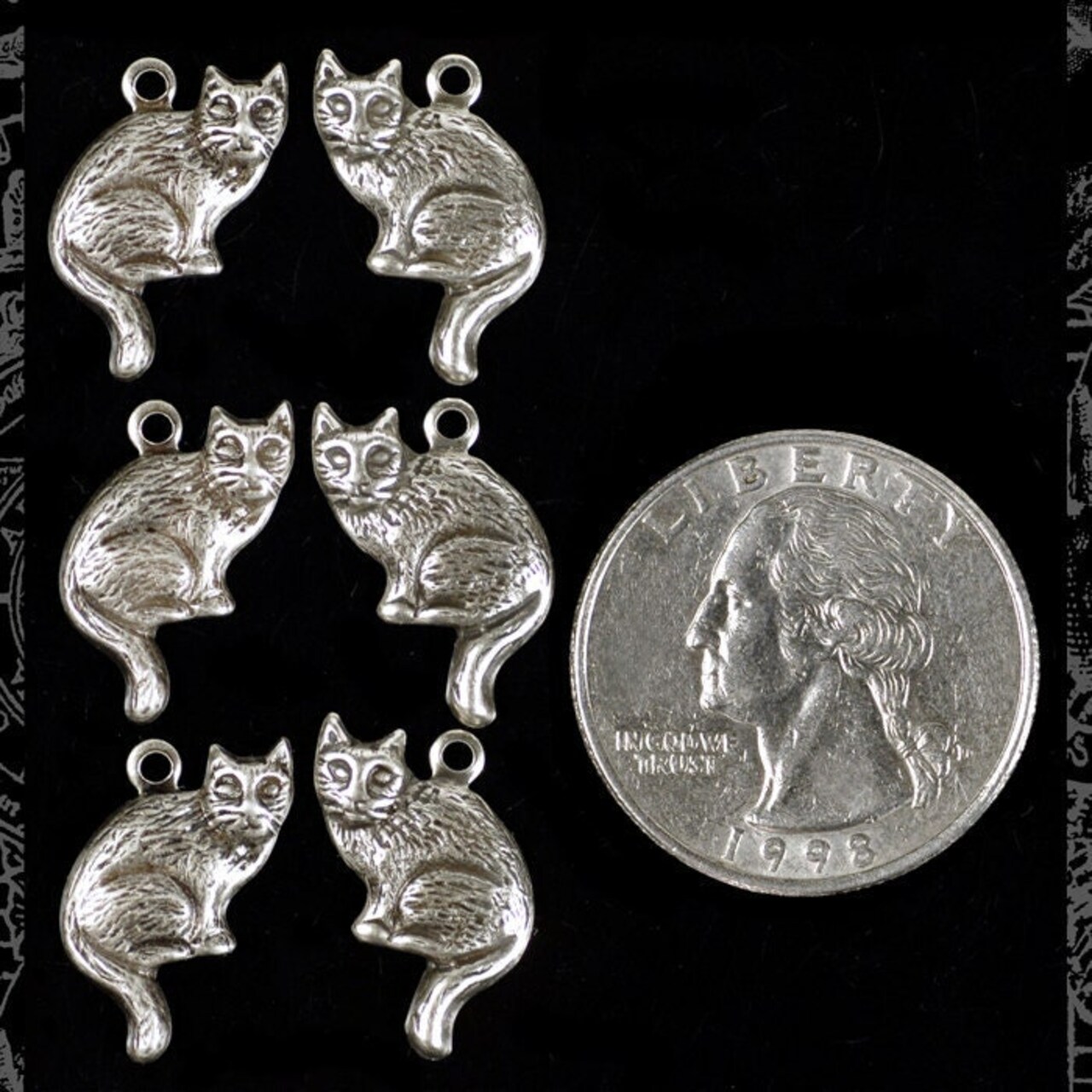 Antiqued Silver Plated Brass Sitting Cat Charms - Three Sets of Two Facing Each Other - S-C60